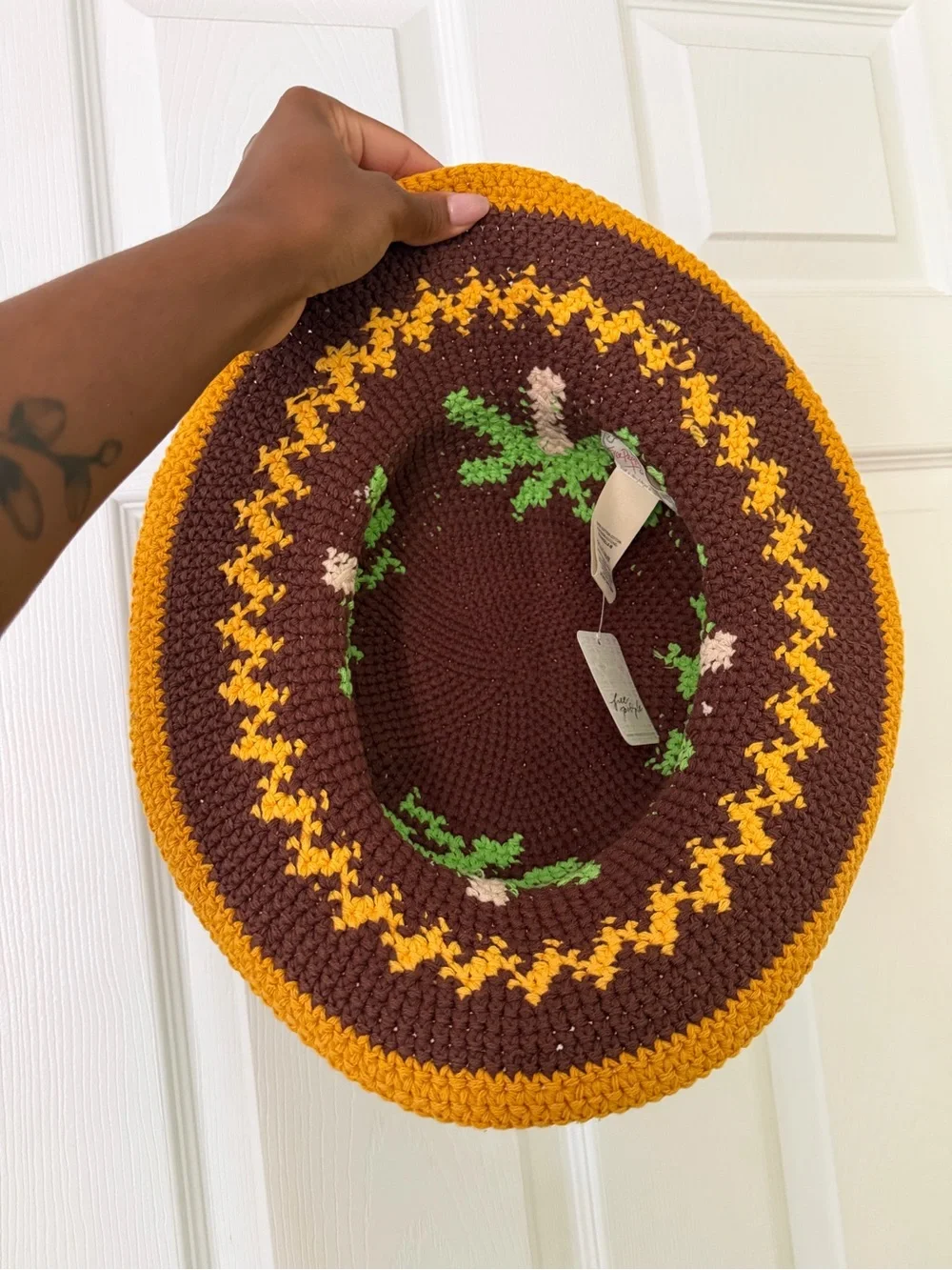 Free People Crocheted Round Accent Pillow Cover in Brown, Mustard & Green